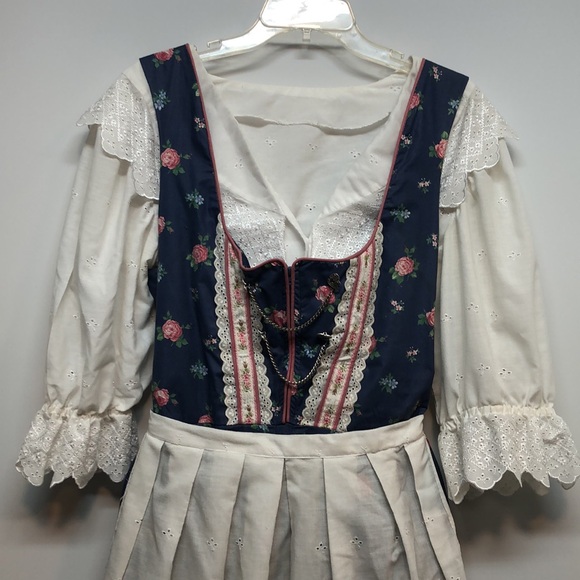 Handmade Dirndl Dress Floral Navy White eyeleted Lace Details apron Women's S M - Picture 2 of 11